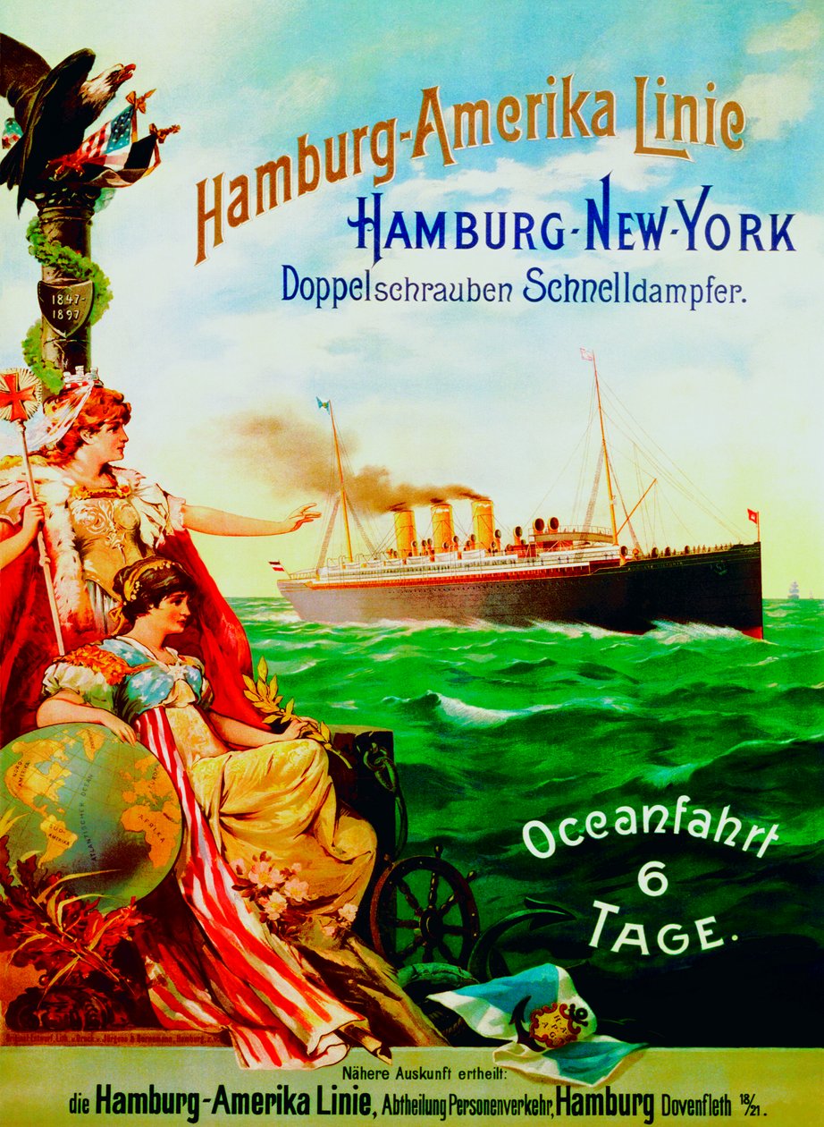 Plakat som reklamerer for Hamburg American Line, 1897 av German School