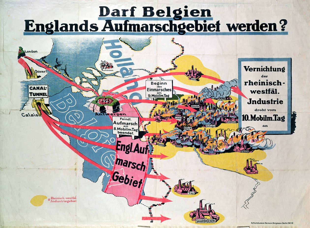 Plakat som uttrykker tysk angst for den foreslåtte byggingen av en kanaltunnel som forbinder Belgia og England, ca. 1914-18 av German School