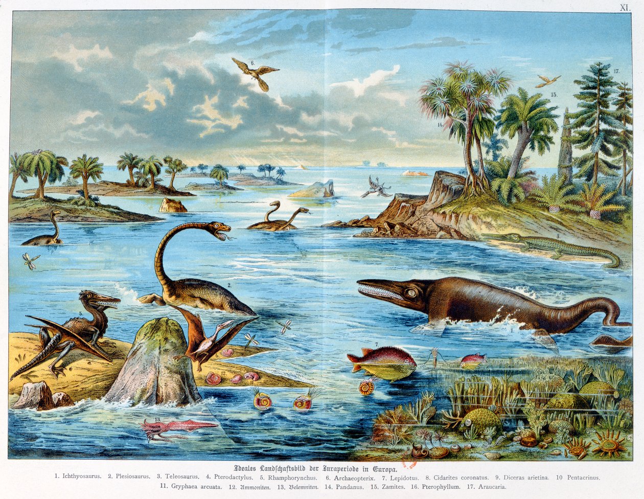 Forhistorie - Jura - gjenoppbygging av naturlig miljø i Europa og noen av dyrene fra denne perioden, 1886 av German School