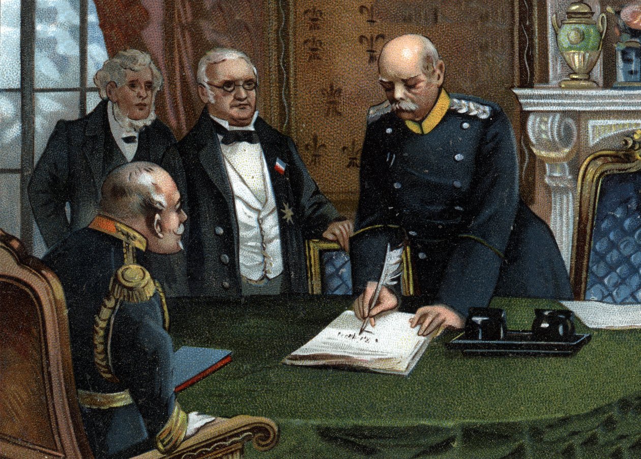 Preliminary peace treaty of 26 February 1871 signed in Versailles, end of the Franco-Prussian war Between the head of the executive power of the Republic, Mr. Adolphe Thiers, and the Minister for Foreign Affairs, Mr. Jules Favre, representatives of France, av German School