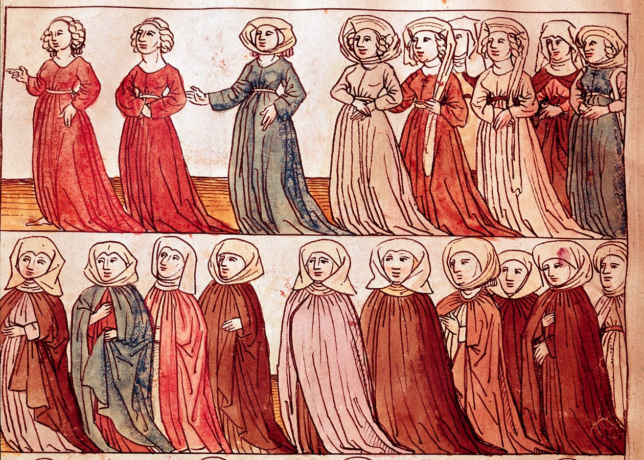 Prosesjon av kvinner fra Boheme. Miniatyr fra "Chronicles of the Council of Constance" av Ulrich Richental (1360-1437) 1438 omtrent Praha, nasjonalbibliotek av German School