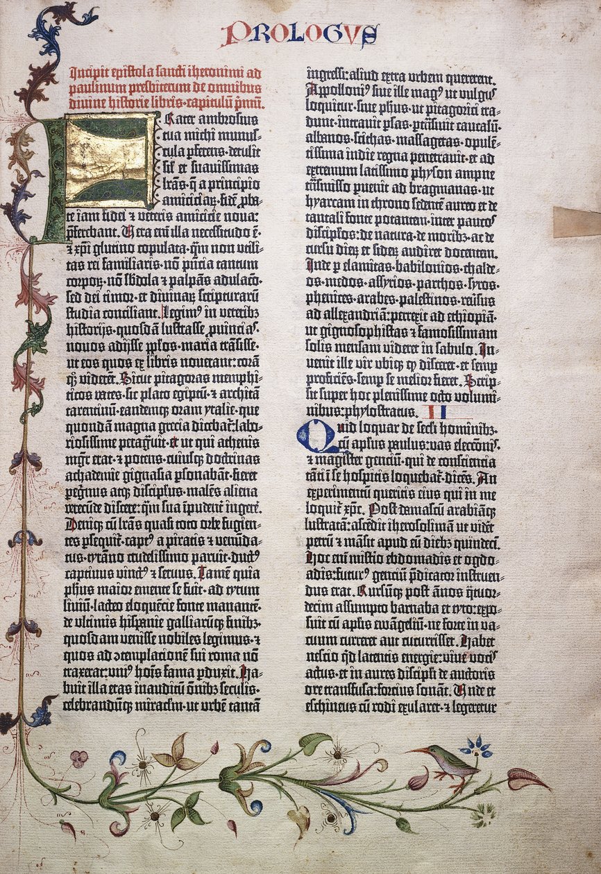 Prologfolio med gull og grønn bokstav "F", og kant av blader, blomster, vinranker og fugl, 1455 av German School