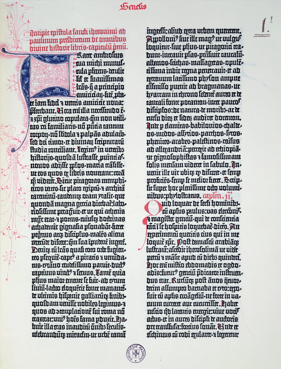 Prolog of the Gutenberg Bible, trykt av Johannes Gutenberg (ca. 1400-68) og Peter Schoeffer (1425-1502) i Mainz, 1454-56 (trykt papir) av German School