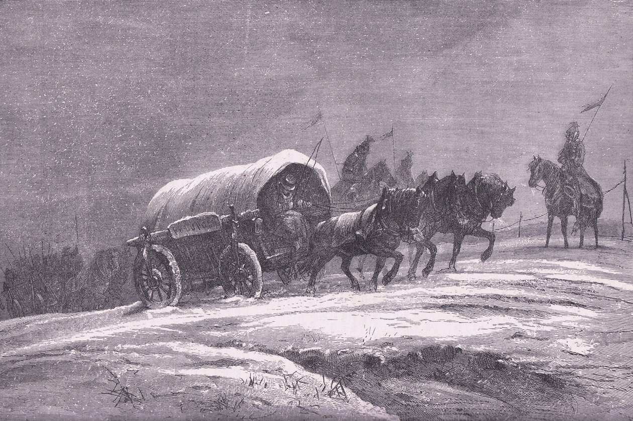 Preussisk feltpost i snøen, Cassells historie om krigen mellom Frankrike og Tyskland utgitt av Cassell and Company Limited, ca. 1890 (litho) av German School