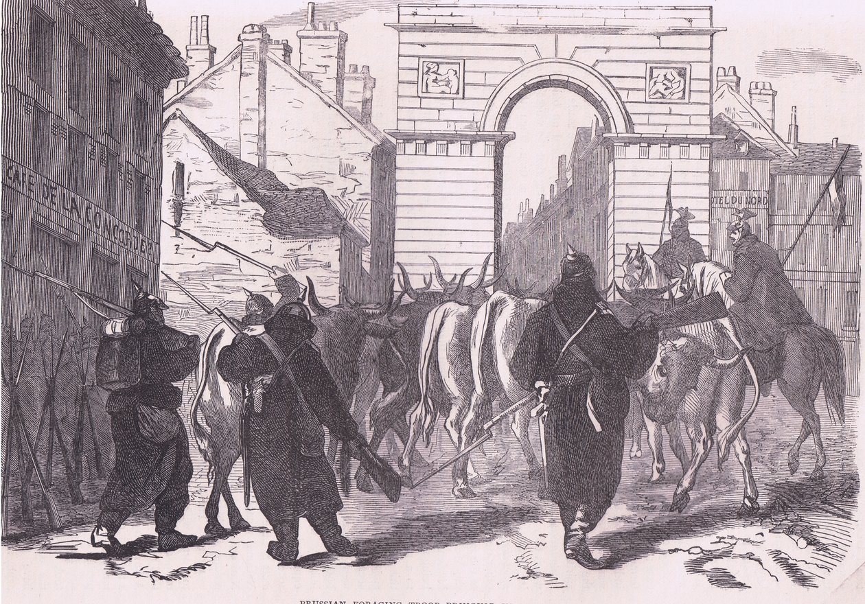 Prøyssiske forsøkende tropper som bringer inn storfe, Cassells History of the War between France and Germany utgitt av Cassell and Company Limited, ca. 1890 (litho) av German School