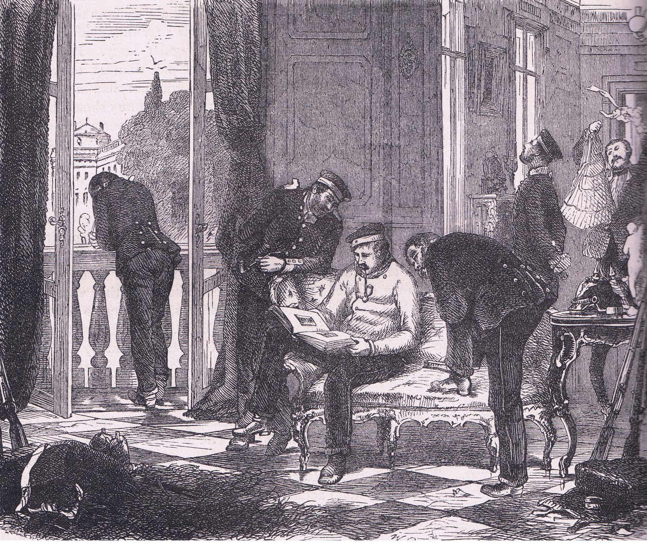 Prøyssere i okkupasjon av en villa nær Paris, Cassells historie om krigen mellom Frankrike og Tyskland utgitt av Cassell and Company Limited, ca. 1890 (litho) av German School