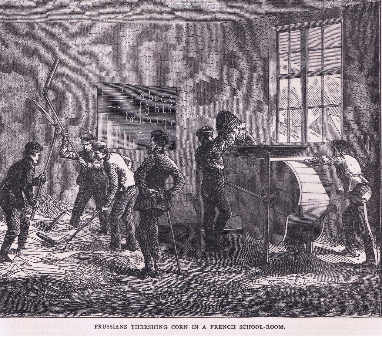 Prøyssere som tresker mais i et fransk skolerom, Cassells History of the War between France and Germany utgitt av Cassell and Company Limited, ca. 1890 (litho) av German School
