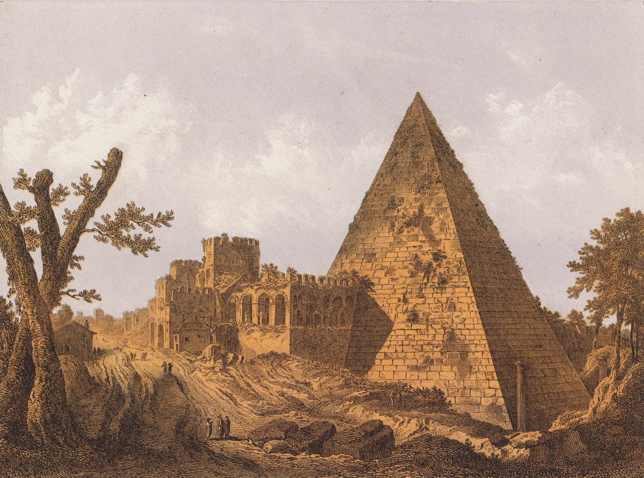 Cestius-pyramiden, Roma (fargelitografi) av German School