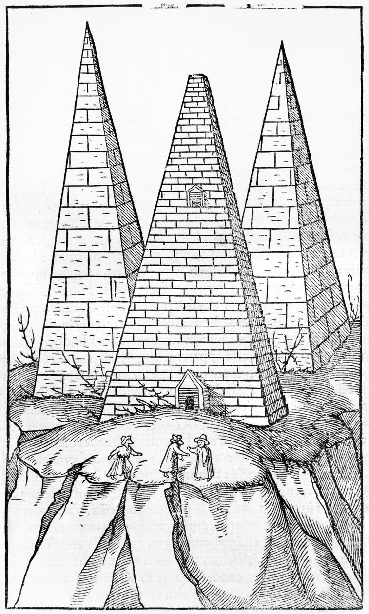 Pyramids of Egypt, illustrasjon fra Cosmographie Universelle av Sebastien Munster (1488-1552) Basel, utgitt 1554 av German School