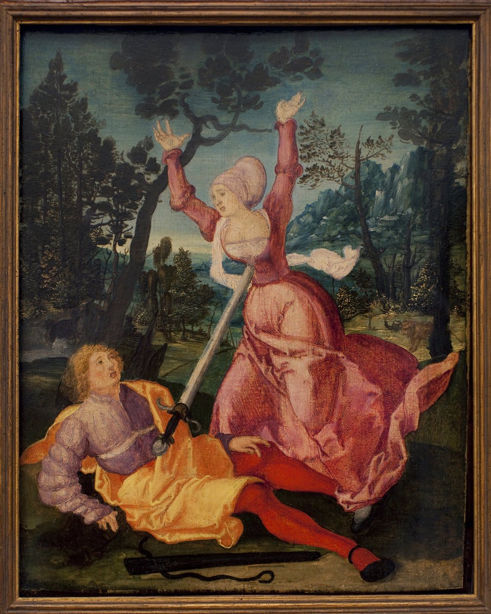 Pyramus og Thisbe. (De to babylonerne elsket hverandre til tross for motstand fra familiene deres, bestemte seg for å flykte sammen, de møtes ved foten av en murier. Pyramus tror at venninnen hennes ble slukt av en løvinne og stakk seg selv med de av German School