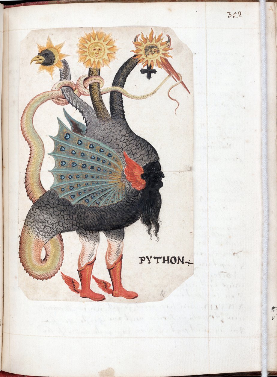 Python - Verk av en tysk mester, akvarell på pergament hentet fra Recueil alchimie et rosicrucien, ca 1760 - (Python (fra: Alchemical and Rosencrucian Compendium), Akvarell på pergament av tysk mester, ca 1760) - Yale University, New Haven av German School