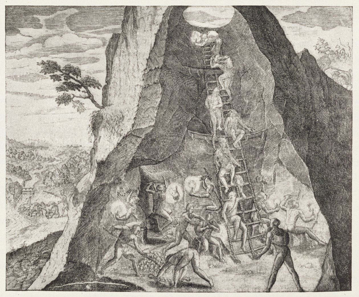 Sjarmerende bilde av arbeiderne i gruvene i Potosi, fra Gottfrieds "Historia Antipodum", pub. i 1655, fra 