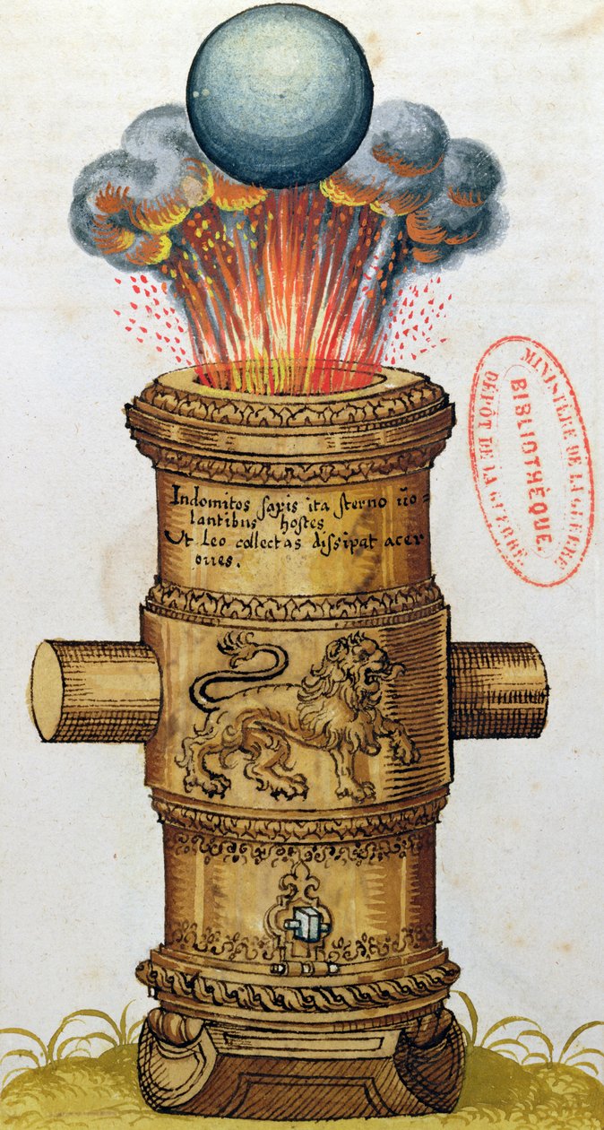 Hevet kanon som avfyrer en kanonkule, fra The Art of Artillery, 1570 (wc) av German School