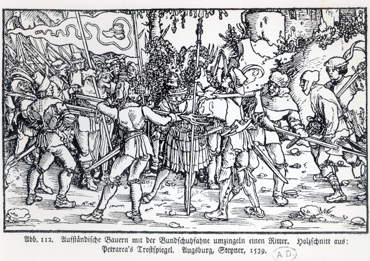 Opprørsbønder som omgir en ridder, fra en illustrasjon til Trostspiegel av Petrarch, 1539 av German School
