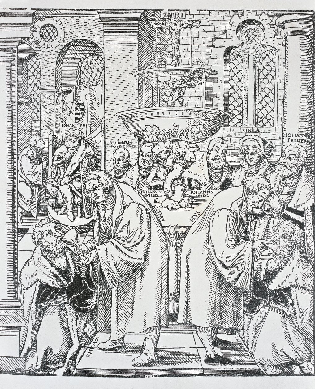 Reformatorene Martin Luther og Jan Hus administrerer nattverd (gravering) av German School