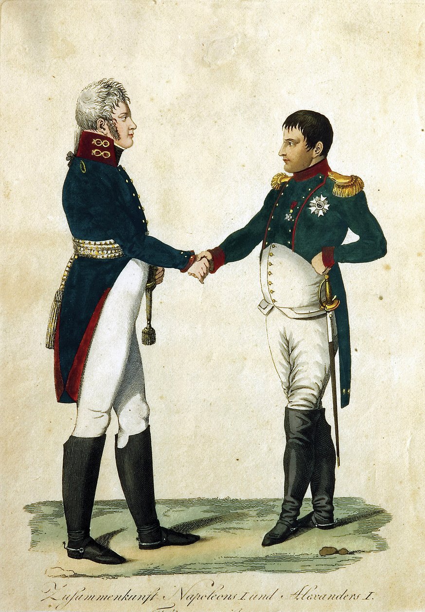 Møte mellom Napoleon (1769-1821) og tsar Alexander I (1777-1825). (Møte mellom Napoleon og Alexander I). Anonymt arbeid, gravering og akvarell av German School