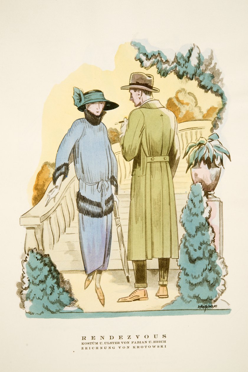 Rendezvous, antrekk og "Ulster" frakk av Fabian & Hrich fra Styl, pub.1922 (pochoir-trykk) av German School