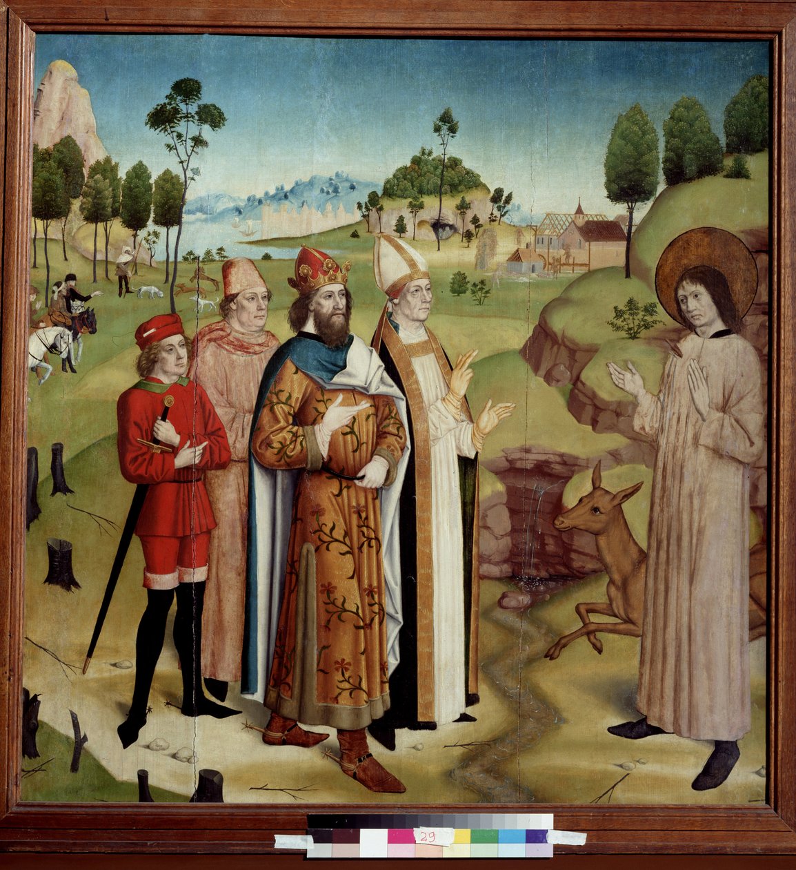 ""Representasjon av møtet mellom vestgoternes kong Wamba (672-680 e.Kr.) og eremitten Saint Gilles (eller Aegidius) (7. århundre), såret av pilen til en jeger, med sin doe"" (Saint Giles og kong Wamba) på kongejakten) Valpefugl på økotre av German School