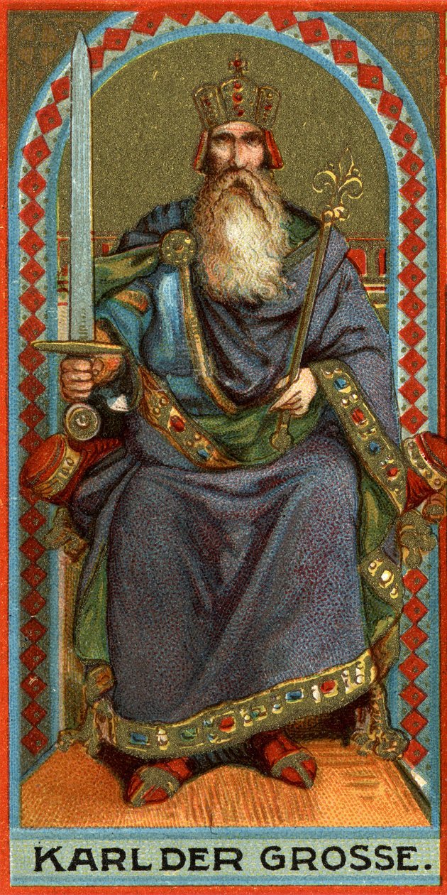 Representation of Charlemagne (742-814), king of the Franks, the Lombards and then Emperor. Chromolithography av German School