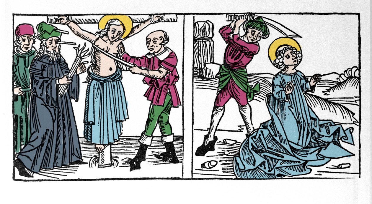 Representasjon av martyrdøden til Saint Seraphia (Serapia) (Seraphia of Syria), kristen fra det 2. århundre. Gravering fra «Leben der Heiligen - sommerteil» (Helgenens bok) av Jacobus (James) av Voragine (1228-1298). Lübeck 1488. av German School