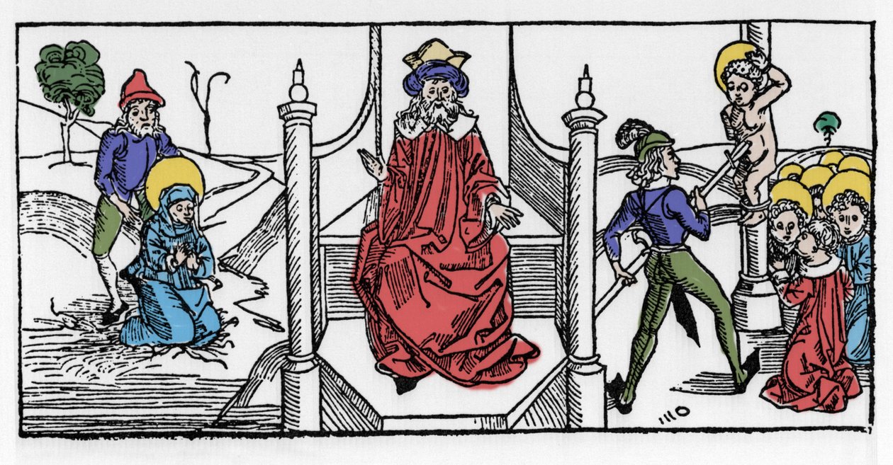 Representasjon av martyrdøden til Saint Symphorose, en kristen fra det 2. århundre, og av hennes syv sønner, under keiser Hadrians regjeringstid. Gravering fra «Leben der Heiligen - sommerteil» (Helgenens bok) av Jacobus (James) av Voragine (1228-12) av German School