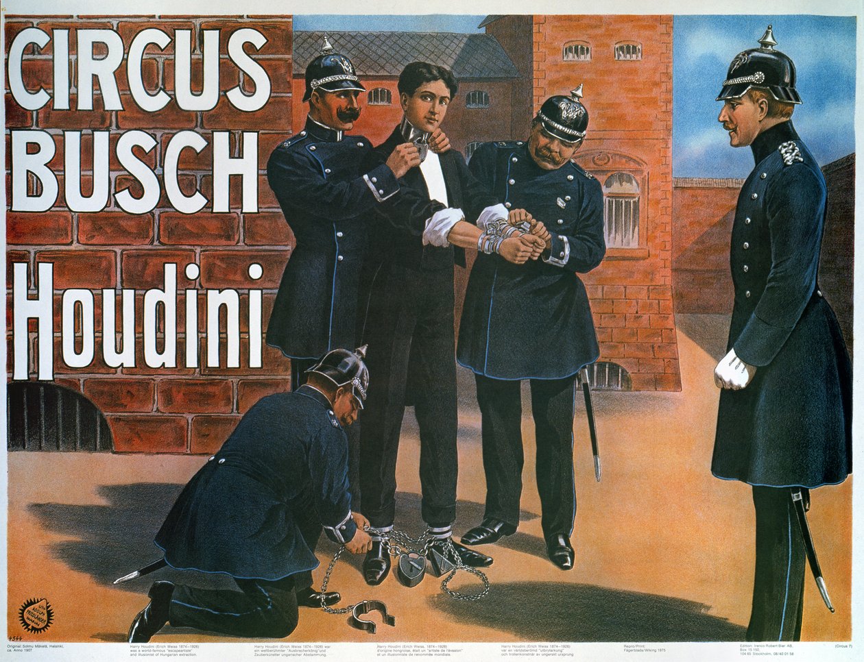 Reproduksjon av en plakat fra 1907 som viser Houdini før en flukt fra et tysk fengsel av German School