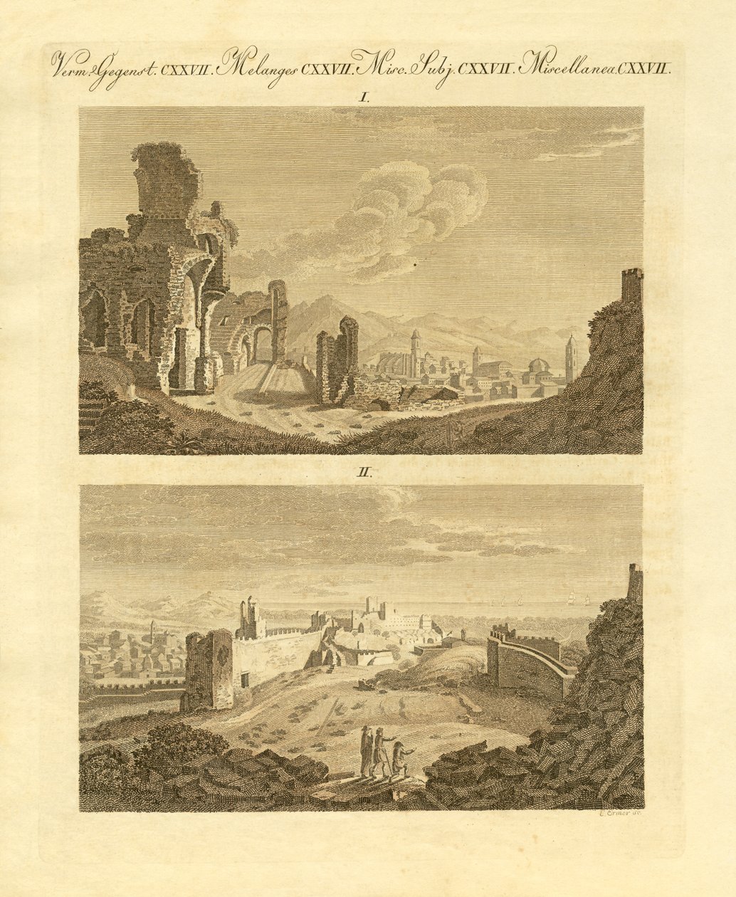 Ruinene av gamlebyen Sagunto i Spania (farget gravering) av German School