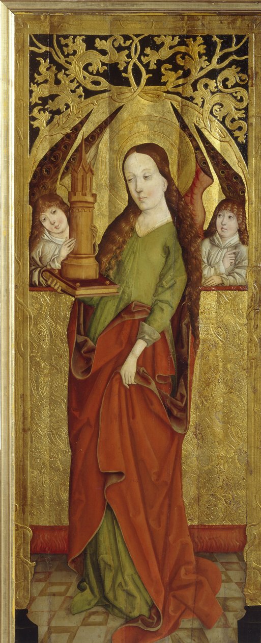 Sainte Barbe eller Barbe den store martyren (3. århundre). (Sankt Barbara). Bærer på et platå et tårn med tre vinduer. Maleri av en westfalsk mester (aktiv mellom 1470 og 1480), olje på tre, ca 1470-1480. tysk kunst av German School