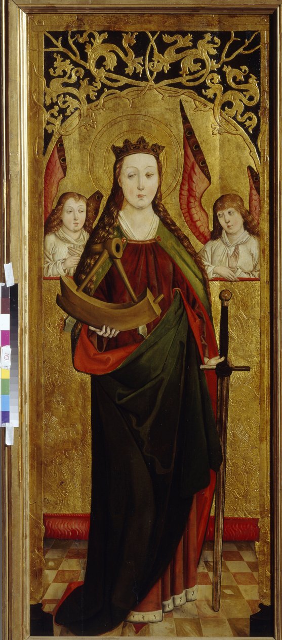 Den hellige Katarina av Alexandria (cirka 290-307) (Saint Katarina). Bærer en del av torturhjulet fra hans martyrium. Maleri av en westfalsk mester (aktiv mellom 1470 og 1480), olje på tre, ca 1470-1480. tysk kunst av German School
