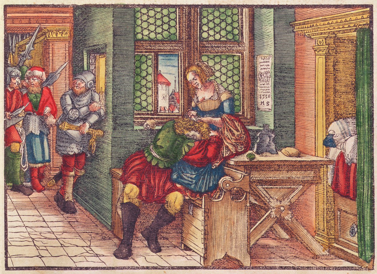 Samson og Delila, fra Lutherbibelen, ca. 1530 (farget tresnitt) av German School