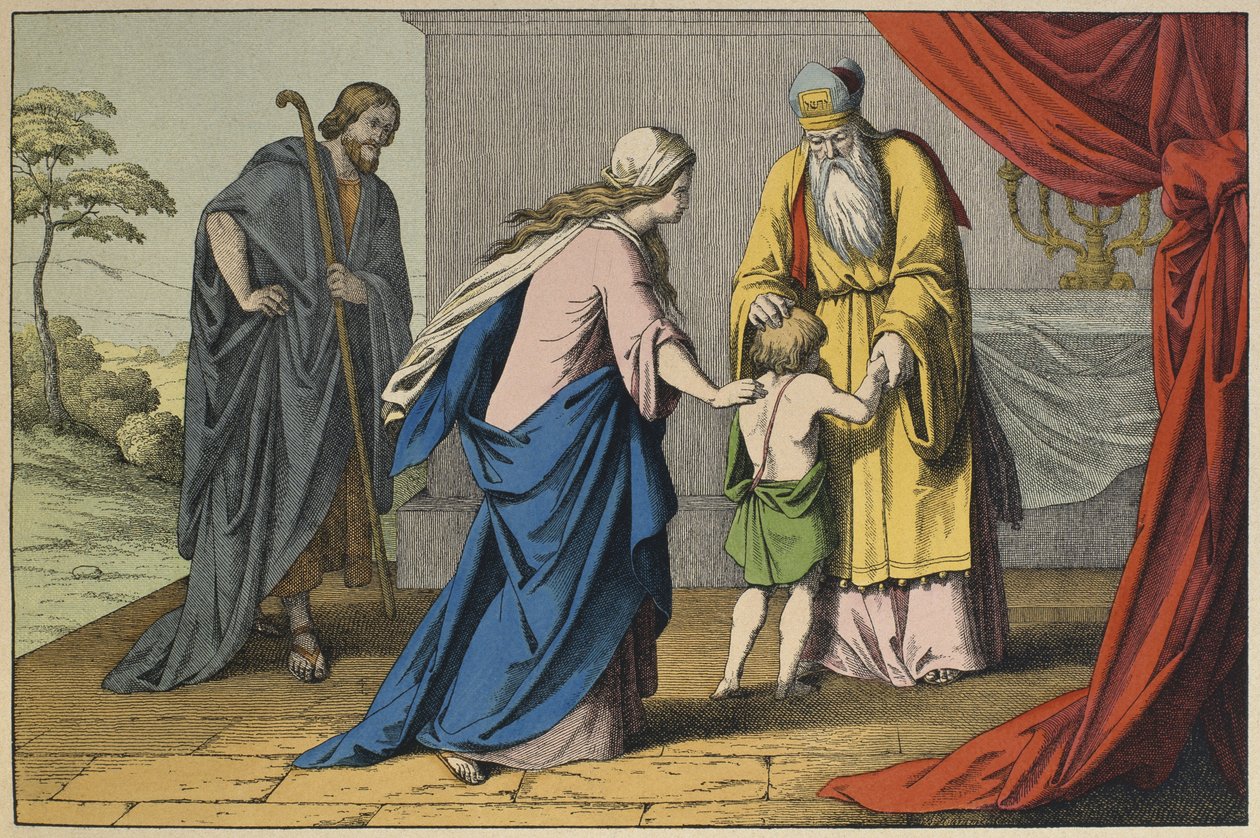 Samuel og Eli, illustrasjon fra LAncien Testament, utgitt av Jakob Ferdinand Schreiber, Esslingen (fargegravering) av German School