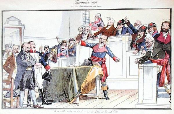 Satirisk tegneserie som viser Dreyfus-affæren som en revolusjonær rettssak av German School