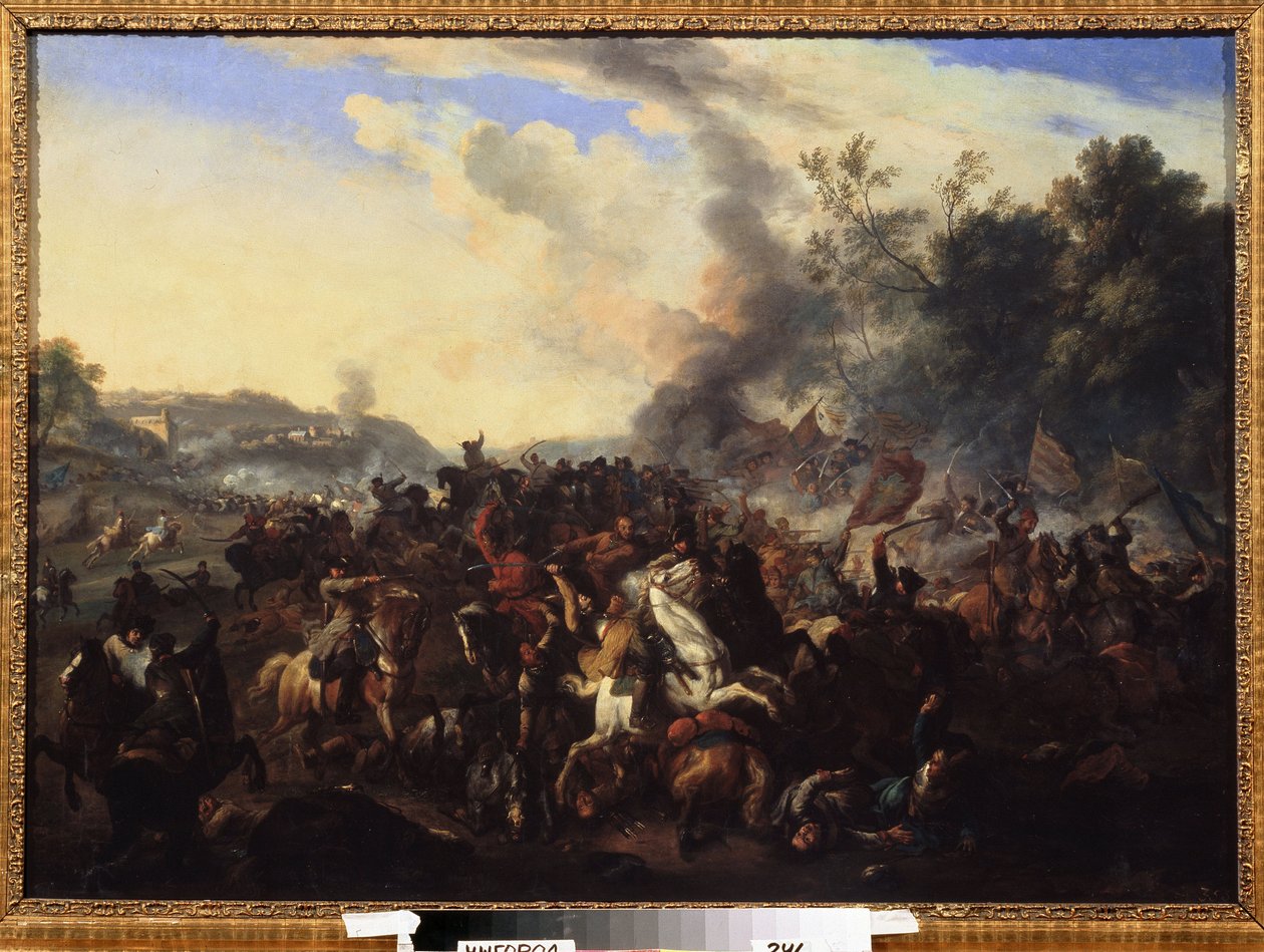""kampscene"" Ryttere og hester hopet seg opp under en kamp. Anonymt maleri fra den tyske skolen. Regionalt kunstmuseum fra 1600-tallet, Uzhhorod, Ukraina av German School