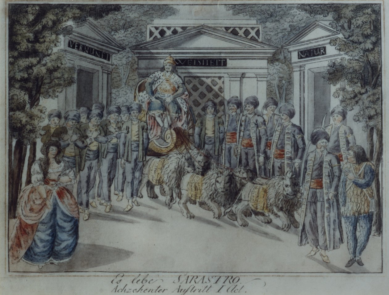 Scene fra Tryllefløyten av Wolfgang Amadeus Mozart (penn og blekk og wc på papir) av German School