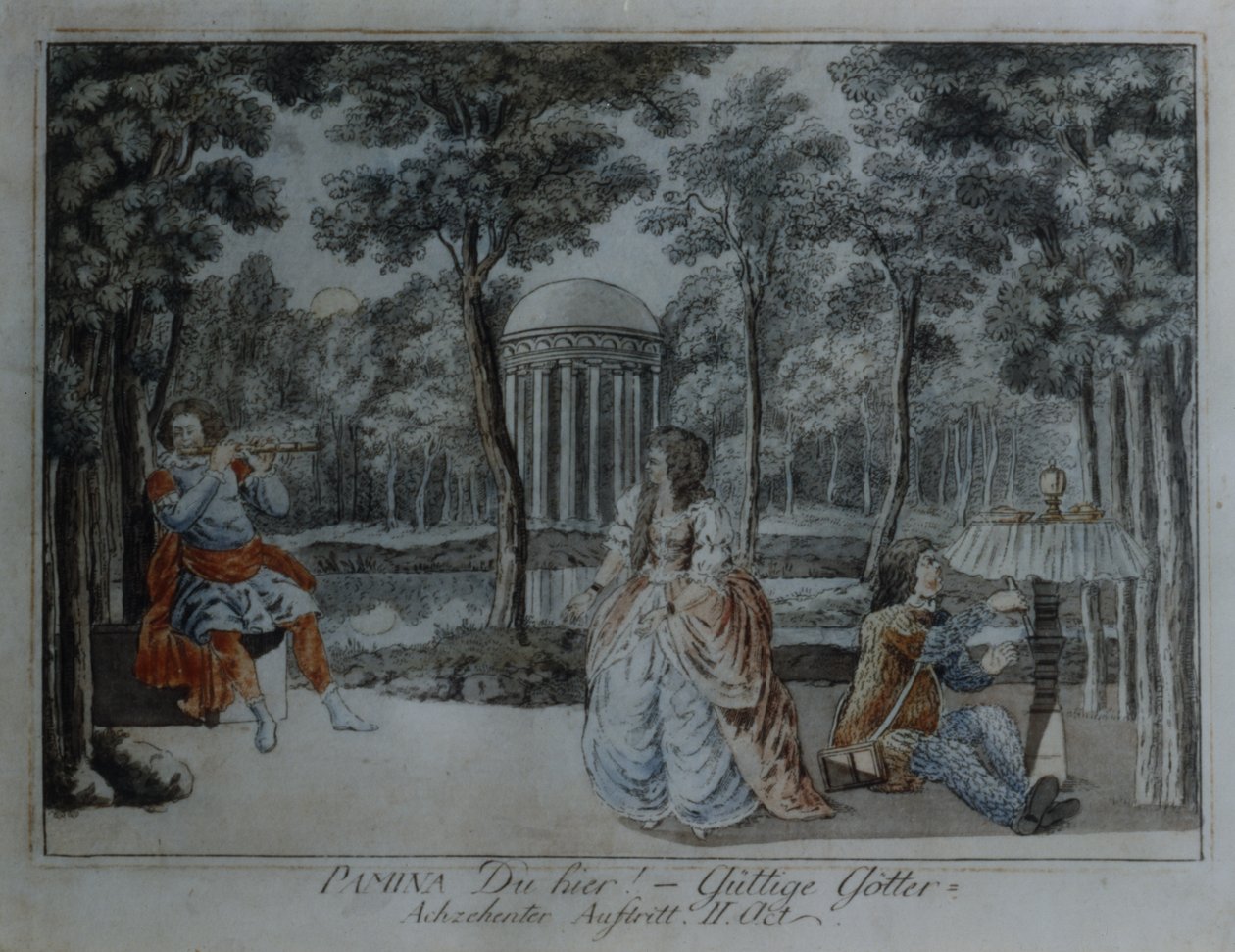 Scene fra Tryllefløyten av Wolfgang Amadeus Mozart (penn og blekk og wc på papir) av German School