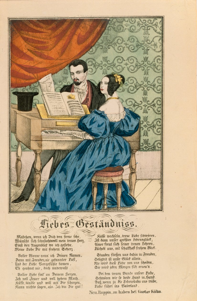 Scene som viser et par ved pianoet, med et kjærlighetsdikt skrevet under, fra Neuruppiner Bilderbogen, 1850 av German School