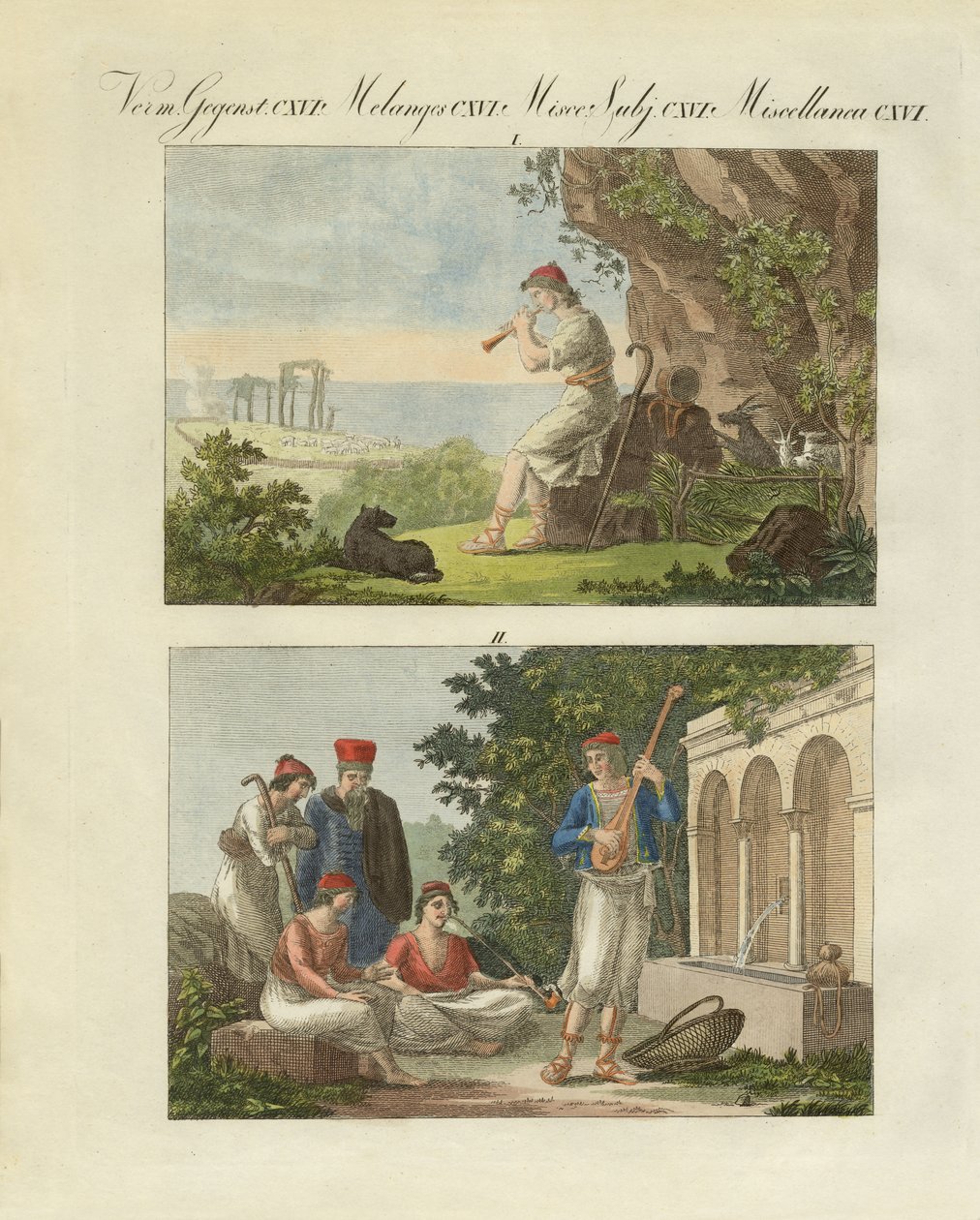 Scener fra Hellas (farget gravering) av German School