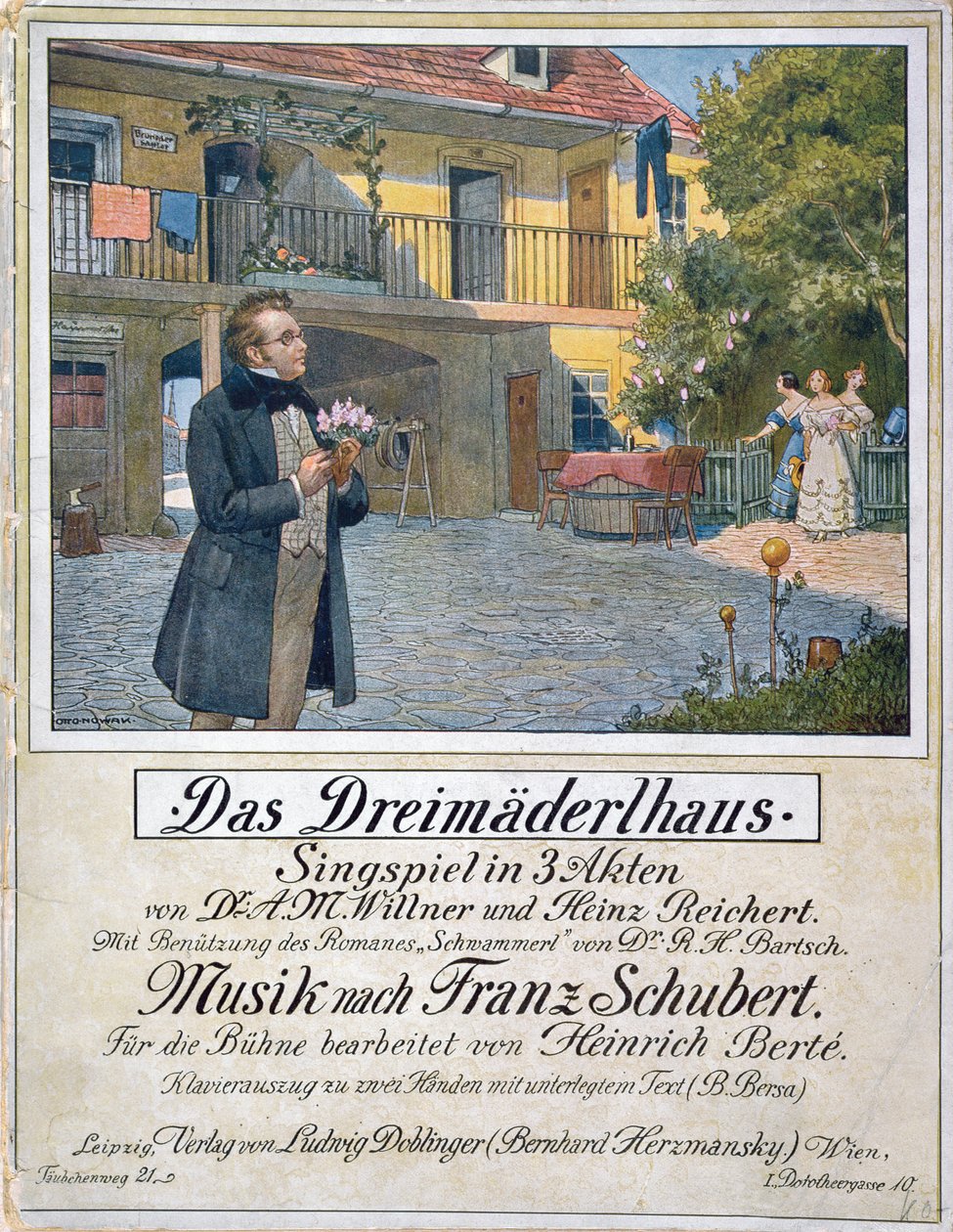 Partituromslag til Das Dreimaederlhaus (The House of the Three Girls) som viser Schubert foran huset, 1916 av German School