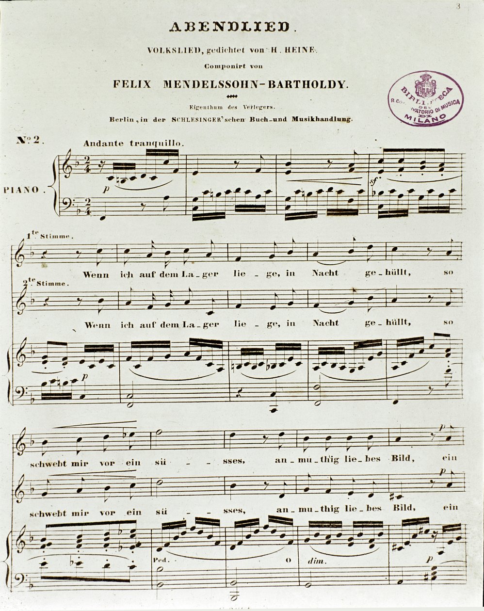 Partiturside av Abendlied av Felix Mendelssohn av German School
