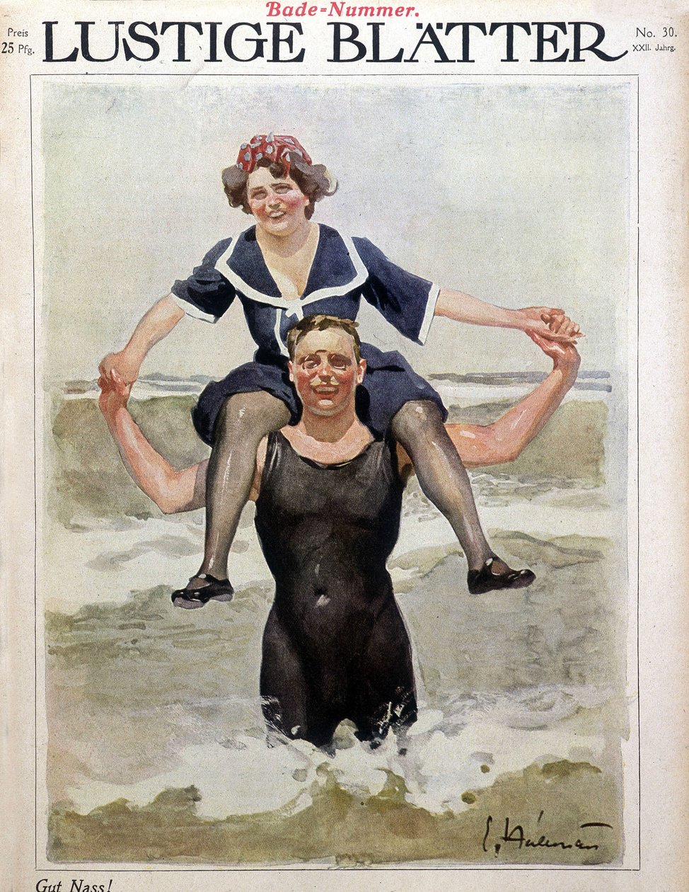 Sjøbad: et par i bølgene - i “” Lustige Bl¿tter””, n.d. av German School