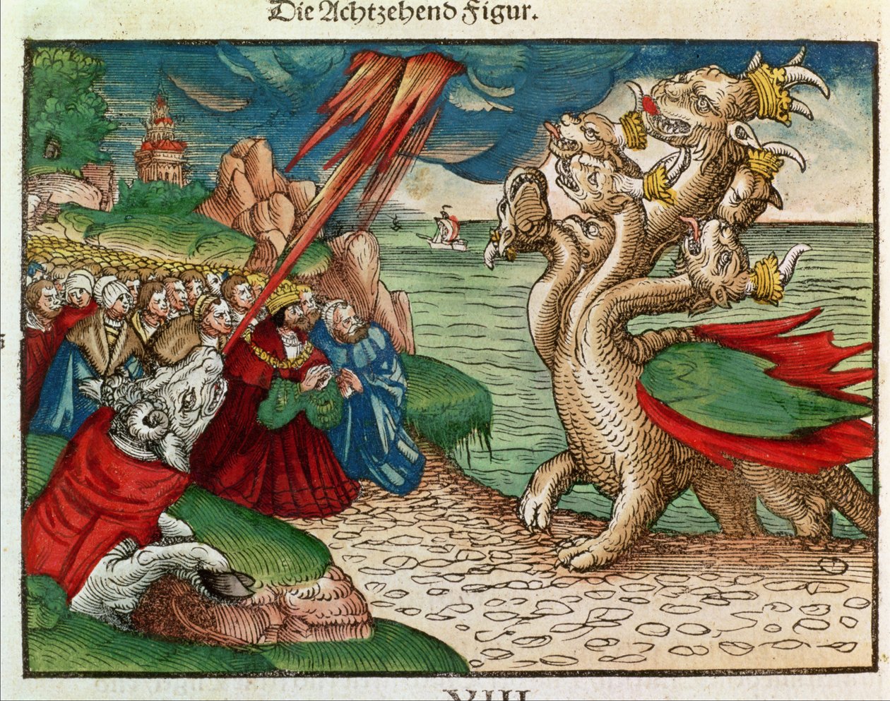 Syvhodet slange fra Åpenbaringsboken, fra Lutherbibelen, ca. 1530 (farget tresnitt) av German School