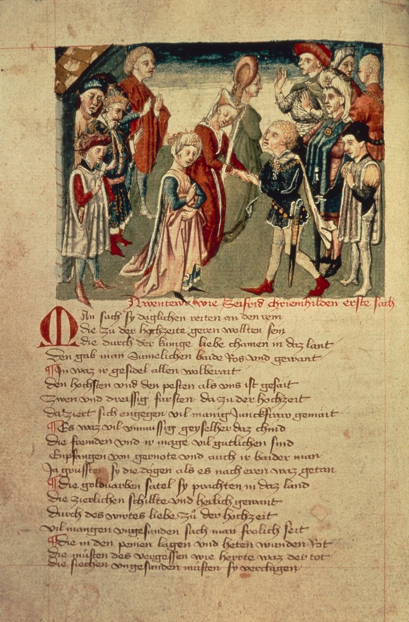 Siegfried ser Kreimhild for første gang, fra 'Hundeshagen Nibelungen Codex' (vellum) av German School
