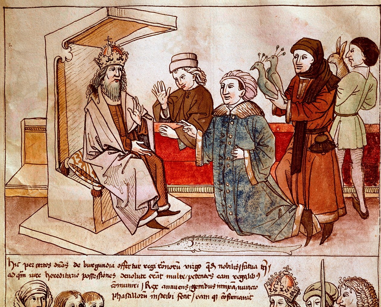 Sigismund I av Luxembourg (1368-1437), keiser av Det hellige rike mottar hyllest til de underdanige folkene. Miniatyr fra "Chronicles of the Council of Constance" av Ulrich Richental (1360-1437) 1438 omtrent Praha, nasjonalbiblioteket av German School