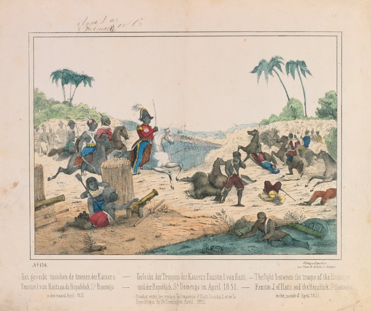 Tredning mellom troppene til keiser Faustin I av Haiti og Den dominikanske republikk Santo Domingo i april 1851, bildeark utgitt av Fried. Schulz Verlag, Stuttgart, 1851 av German School