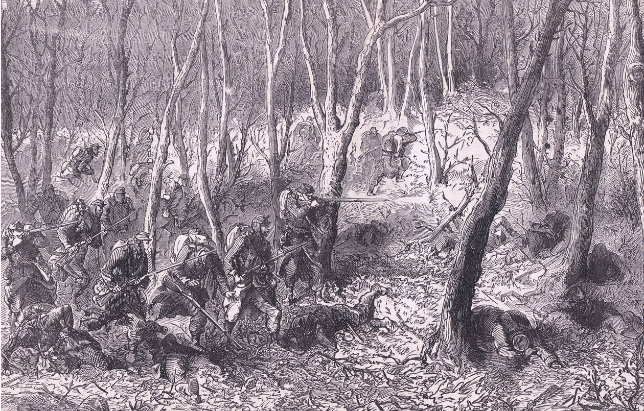Tredning i skogen utenfor Paris, Cassells historie om krigen mellom Frankrike og Tyskland utgitt av Cassell and Company Limited, ca. 1890 (litho) av German School
