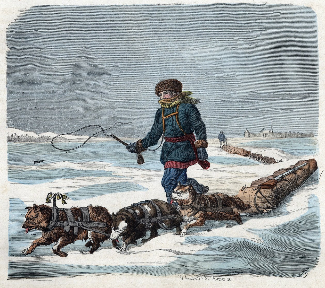 Sledehund i snøen i Amerika. I "" Wenn Jemand eine Reise tut, so kann er was erhalten"" (Når noen reiser, dette er det han kan fortelle), tysk fortelling av Franz Wiedemann av German School