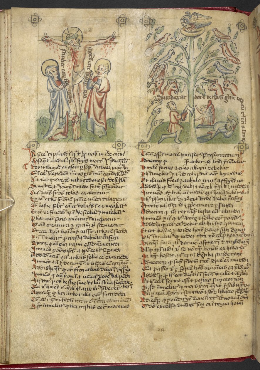 Sloane 361, f.26v Nebukadnesar ser et tre i en drøm; korsfestelsen, fra 