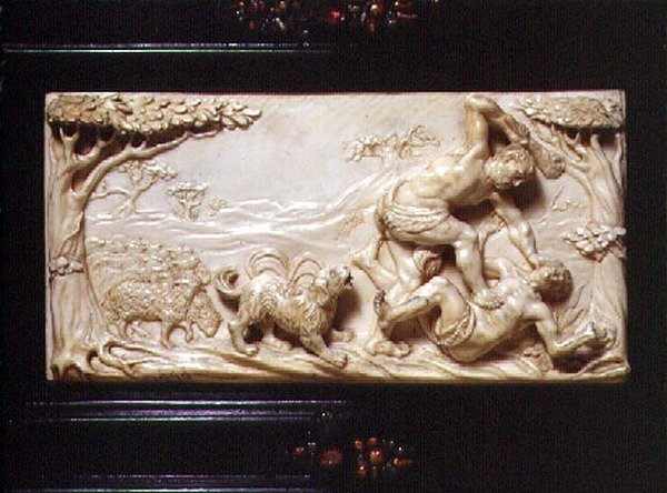 Sørtysk kunstkabinett, detalj av utskåret plakett som viser Kain og Abel, 1690 av German School