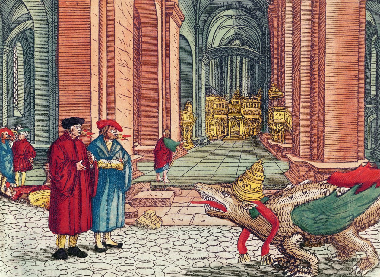 Tungetale, pinse, fra Lutherbibelen, ca. 1530 (farget tresnitt) av German School
