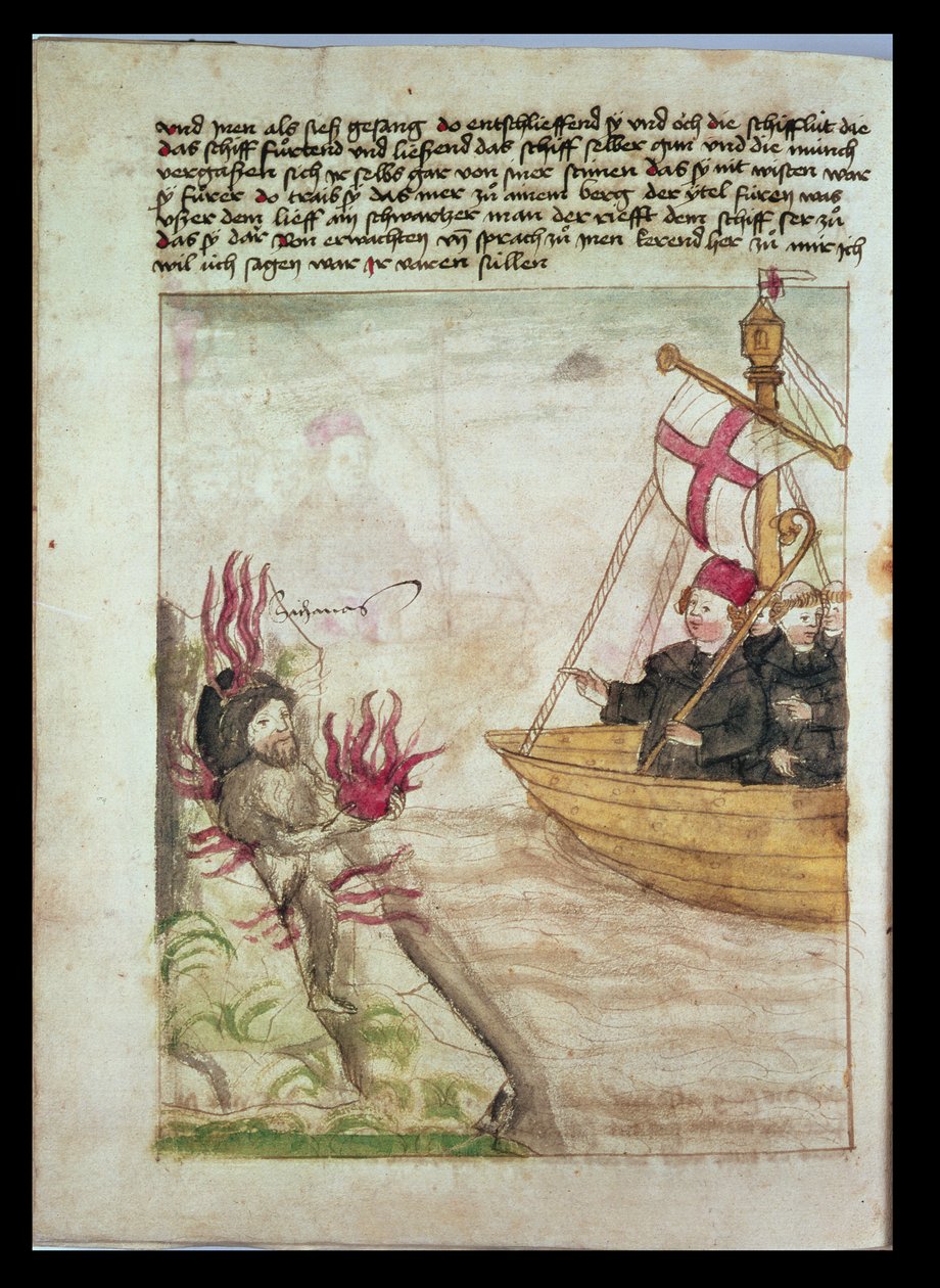 St Brendan på skipet hans, fra den tyske oversettelsen av The voyage of St Brendan Abbot, ca. 1476 av German School